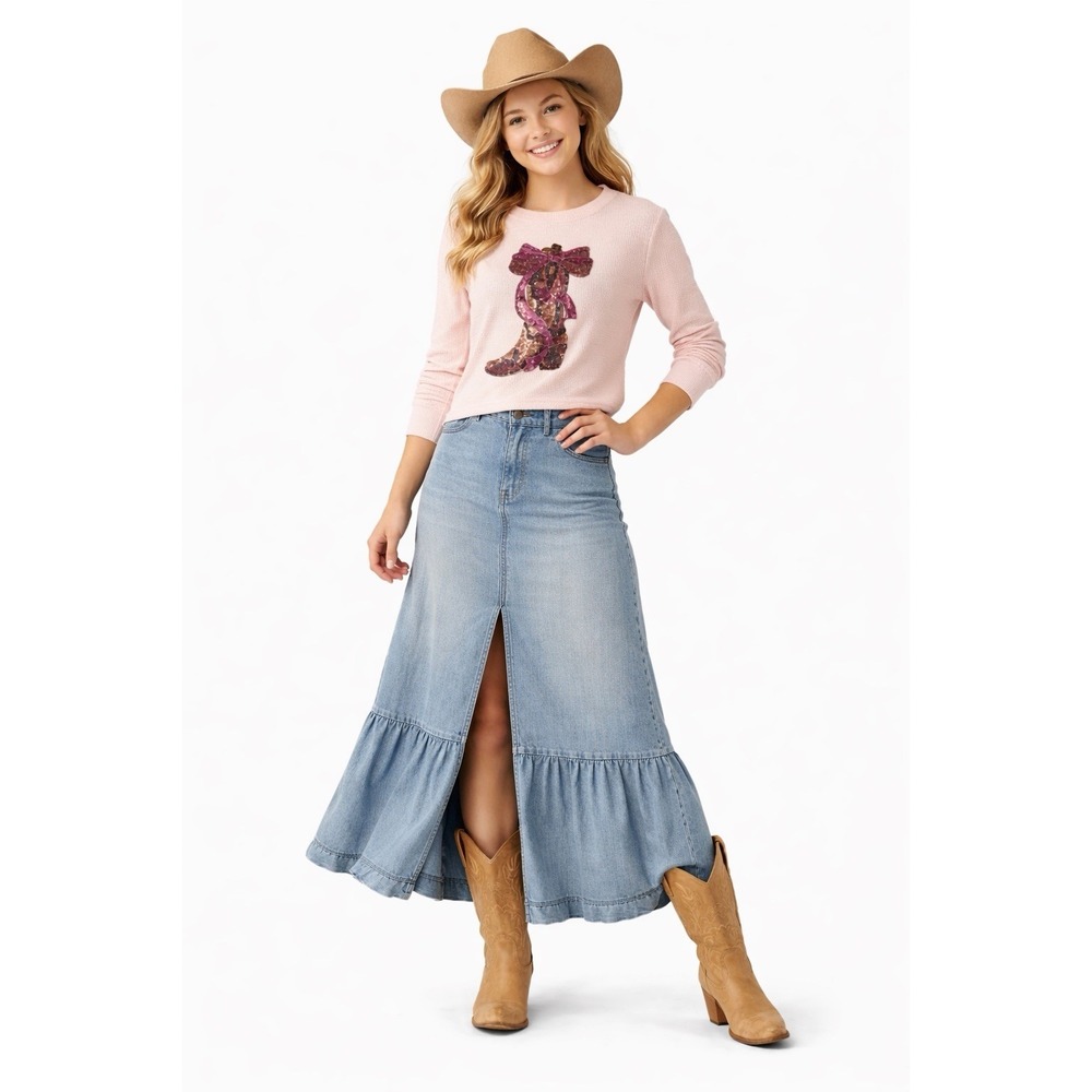 Paperflower Boutique Pink‎ Sequin Western Boot Top Light Pink Long Sleeve Size M